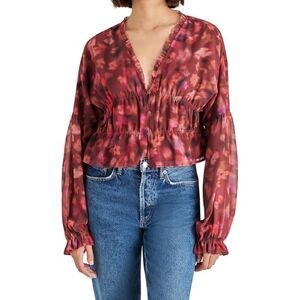 Steve Madden Women's V-Neck Hollis Top in Pink Multi Floral, Ruffle Trim, XS